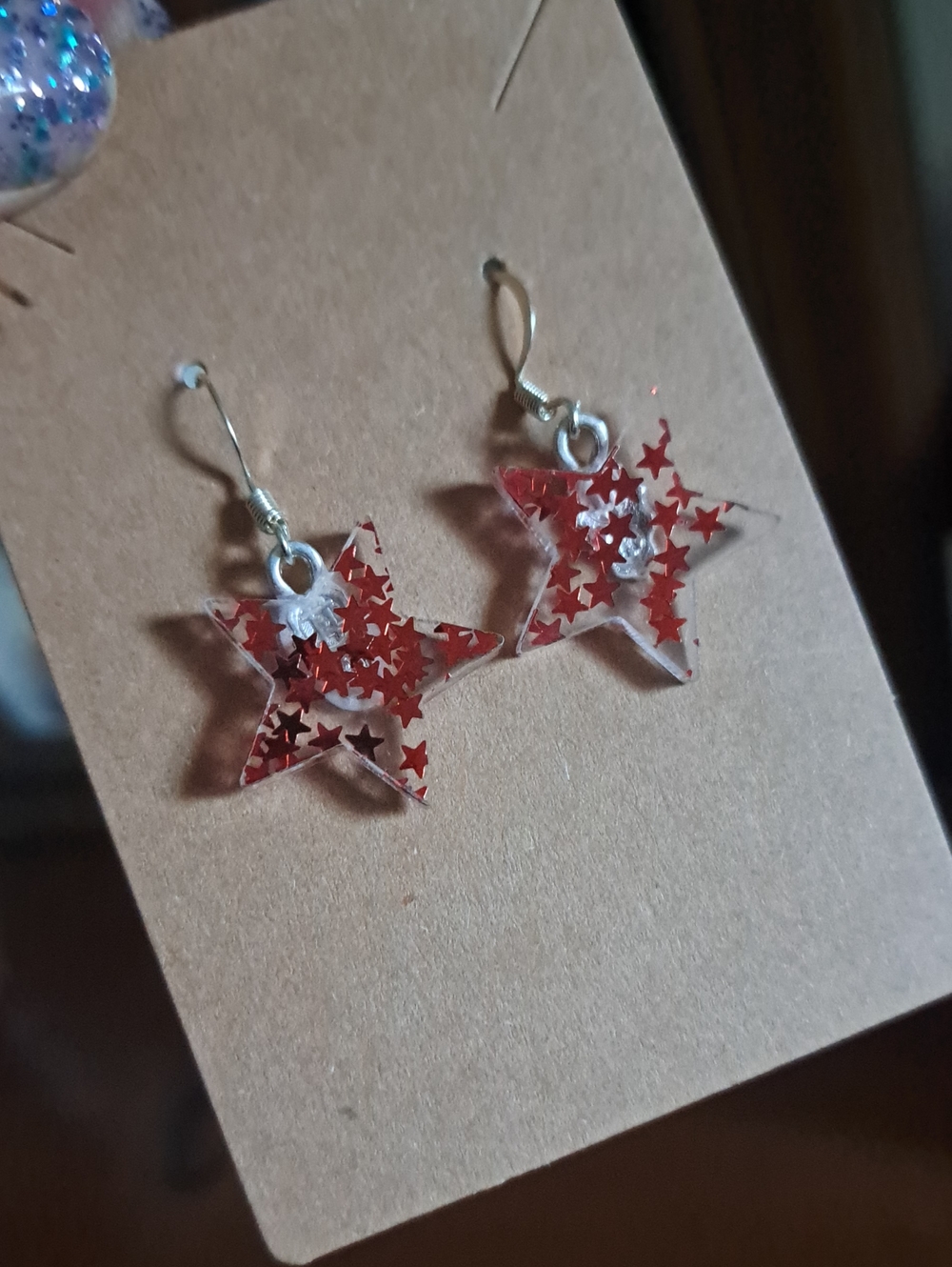Handmade Red Star Confetti Dangle Earrings